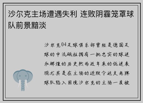 沙尔克主场遭遇失利 连败阴霾笼罩球队前景黯淡