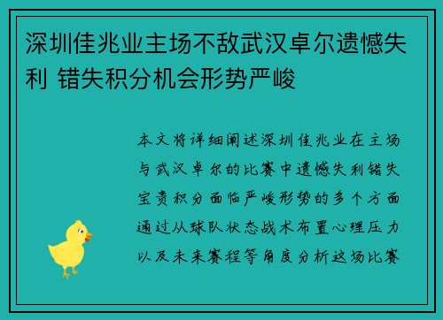 深圳佳兆业主场不敌武汉卓尔遗憾失利 错失积分机会形势严峻