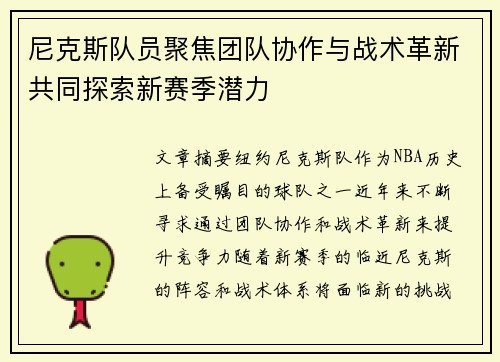 尼克斯队员聚焦团队协作与战术革新共同探索新赛季潜力
