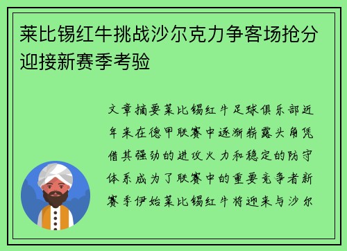 莱比锡红牛挑战沙尔克力争客场抢分迎接新赛季考验
