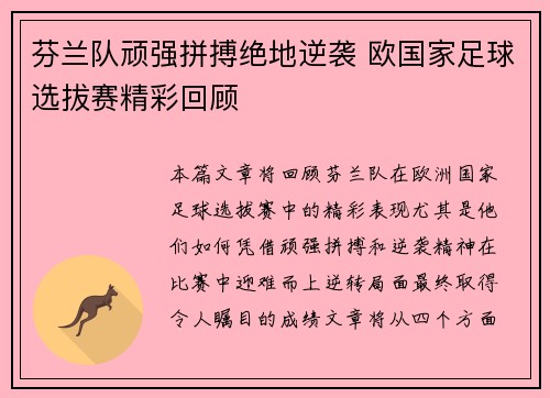 芬兰队顽强拼搏绝地逆袭 欧国家足球选拔赛精彩回顾